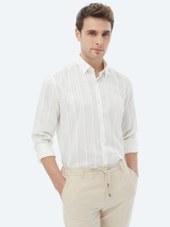 Beyaz Çizgili Regular Fit Uzun Dokuma Klasik Keten Karışımlı Gömlek