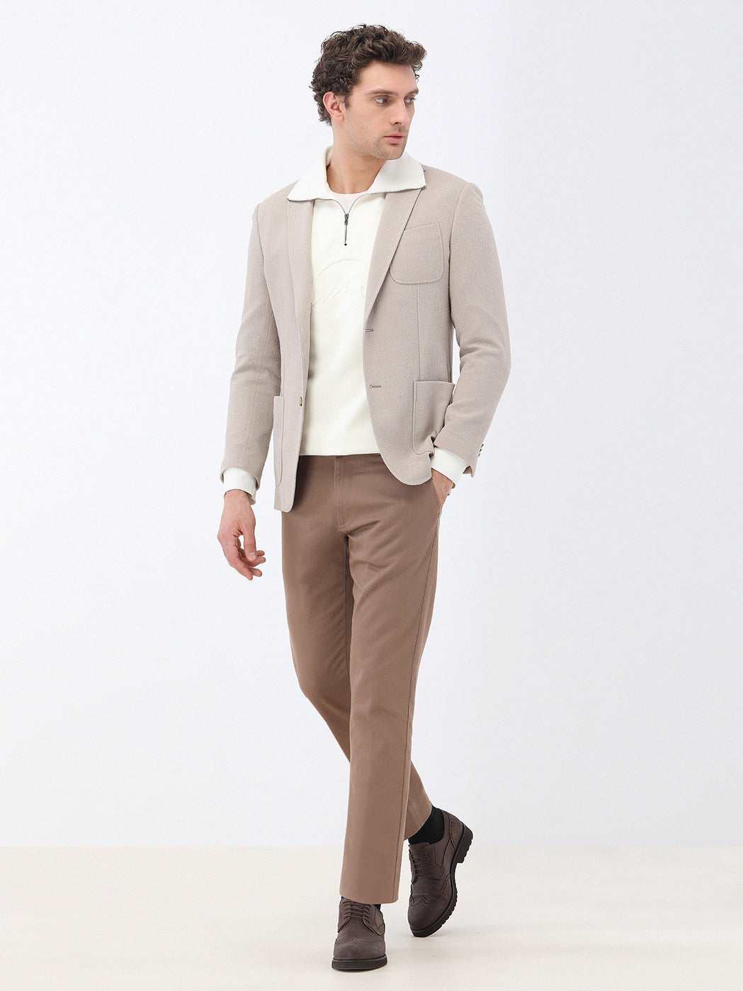 Açık Vizon Mikro Slim Fit Örme Ceket