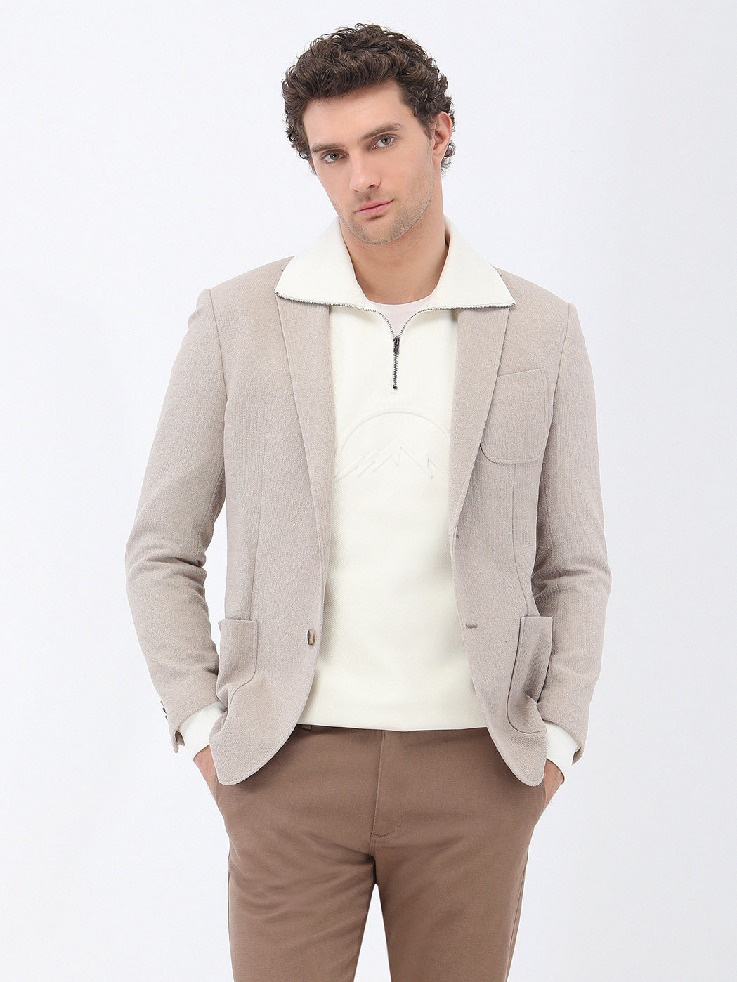 Açık Vizon Mikro Slim Fit Örme Ceket