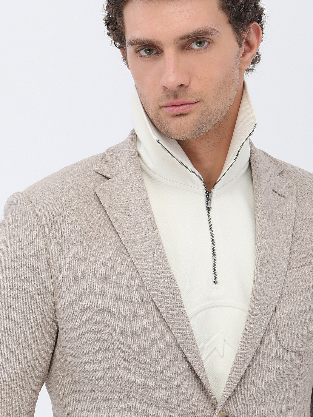 Açık Vizon Mikro Slim Fit Örme Ceket