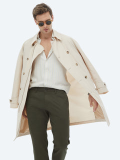 Açık Bej Oversize Fit Kruvaze Yaka Casual Dokuma Pardösü