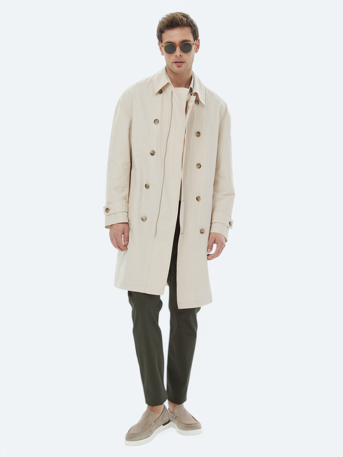 Açık Bej Oversize Fit Kruvaze Yaka Casual Dokuma Pardösü