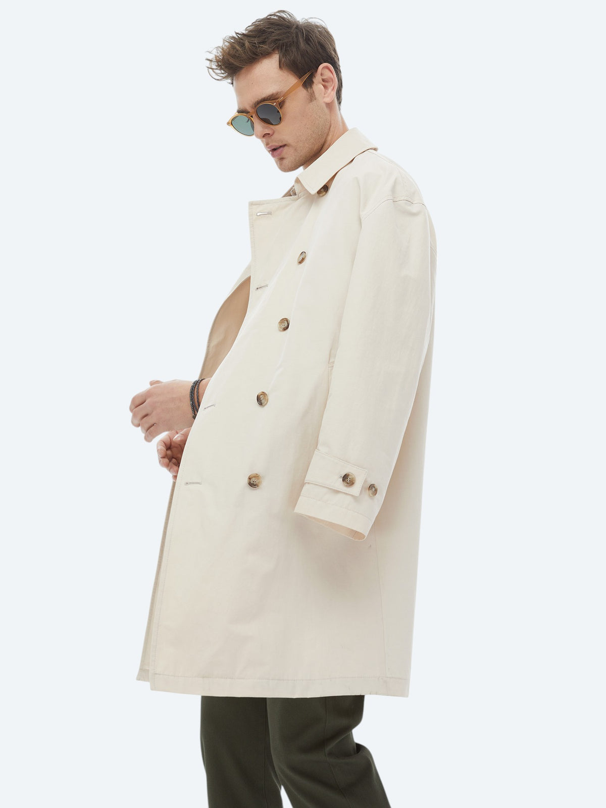 Açık Bej Oversize Fit Kruvaze Yaka Casual Dokuma Pardösü