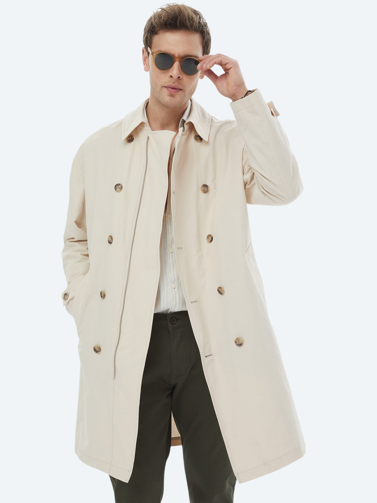 Açık Bej Oversize Fit Kruvaze Yaka Casual Dokuma Pardösü