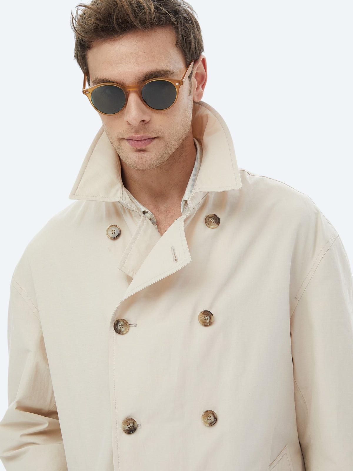 Açık Bej Oversize Fit Kruvaze Yaka Casual Dokuma Pardösü