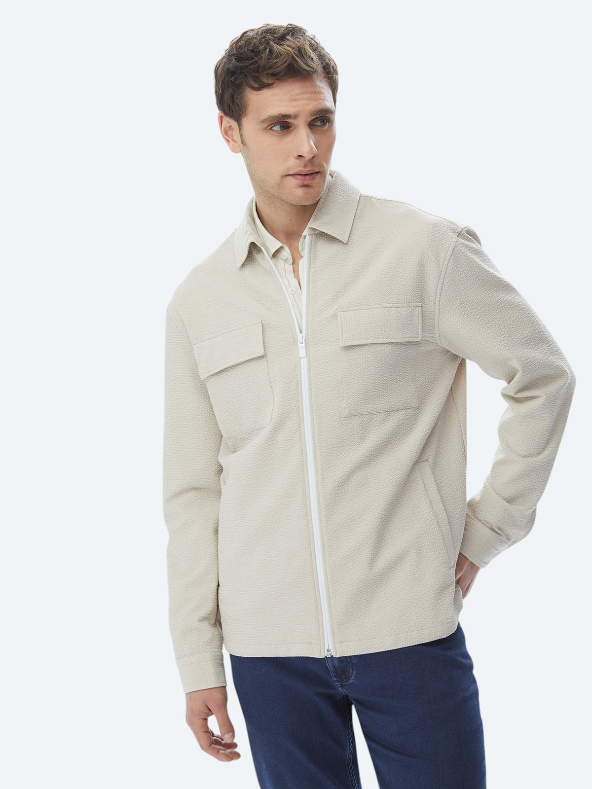 Bej Regular Fit Casual Dokuma Mont