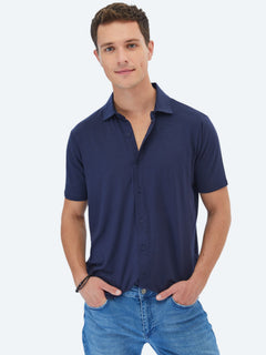 Lacivert Düz Regular Fit Kısa Casual Gömlek