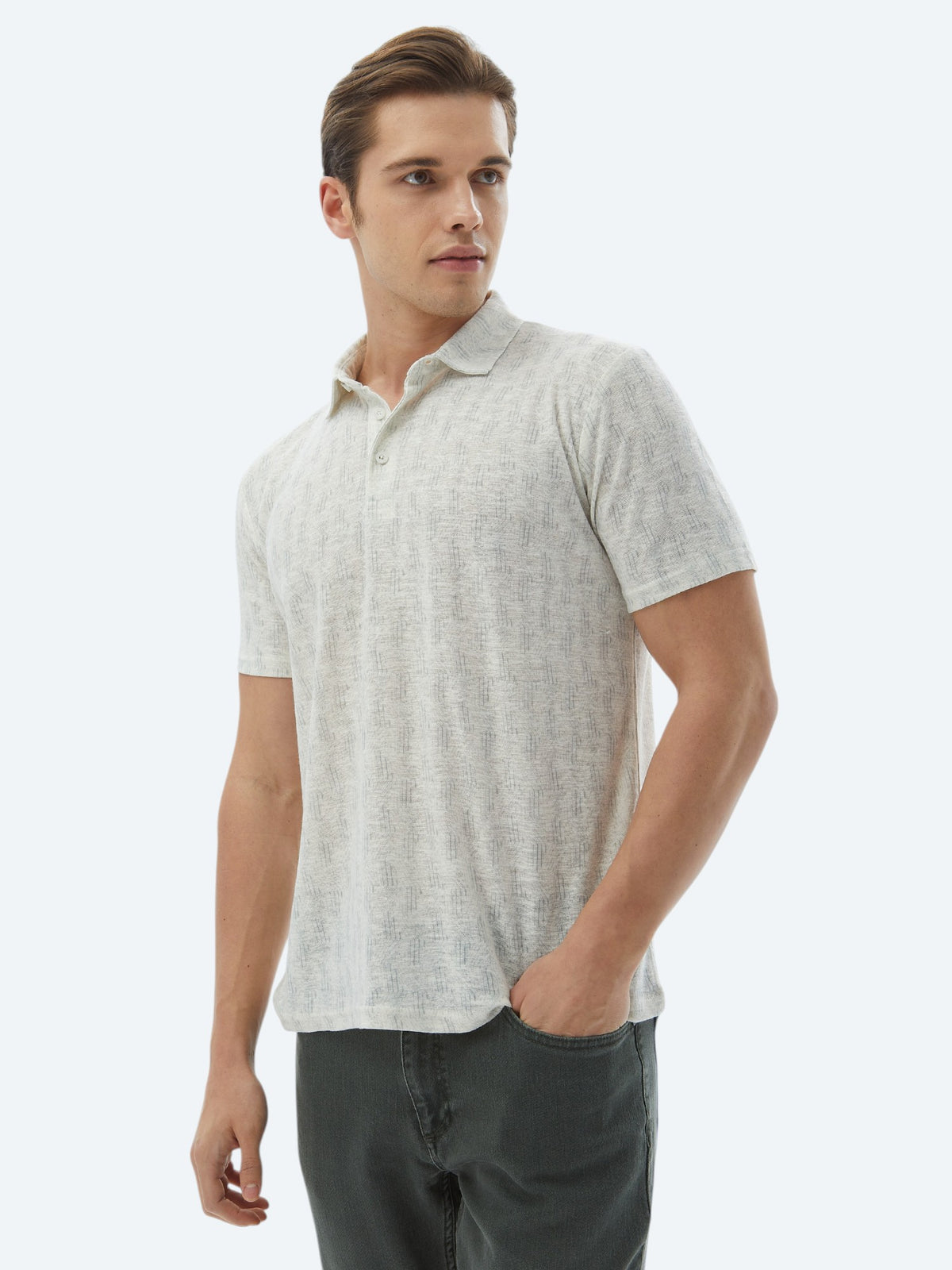 Ekru Baskılı Polo Yaka Pamuk Karışımlı T-Shirt