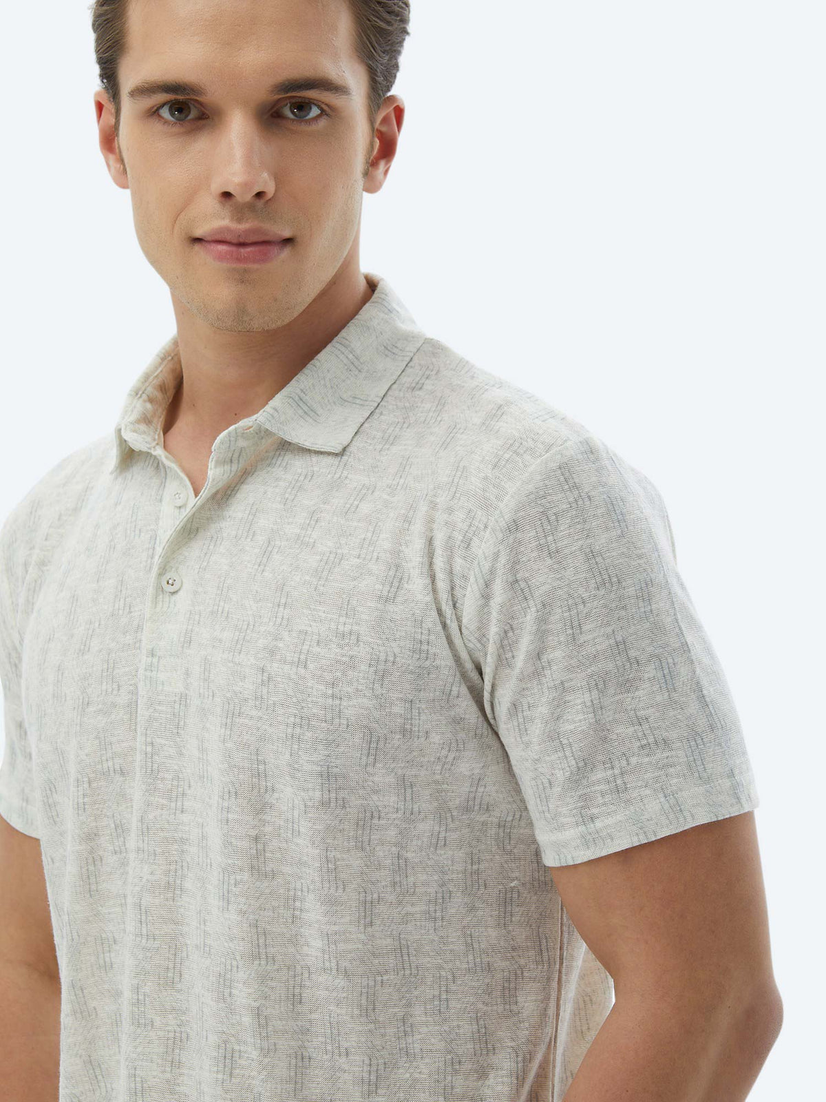Ekru Baskılı Polo Yaka Pamuk Karışımlı T-Shirt
