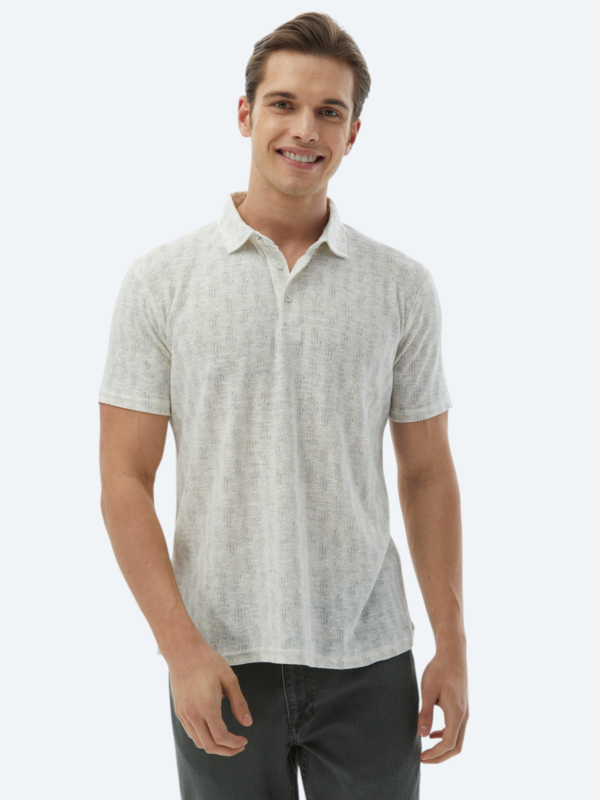 Ekru Baskılı Polo Yaka Pamuk Karışımlı T-Shirt