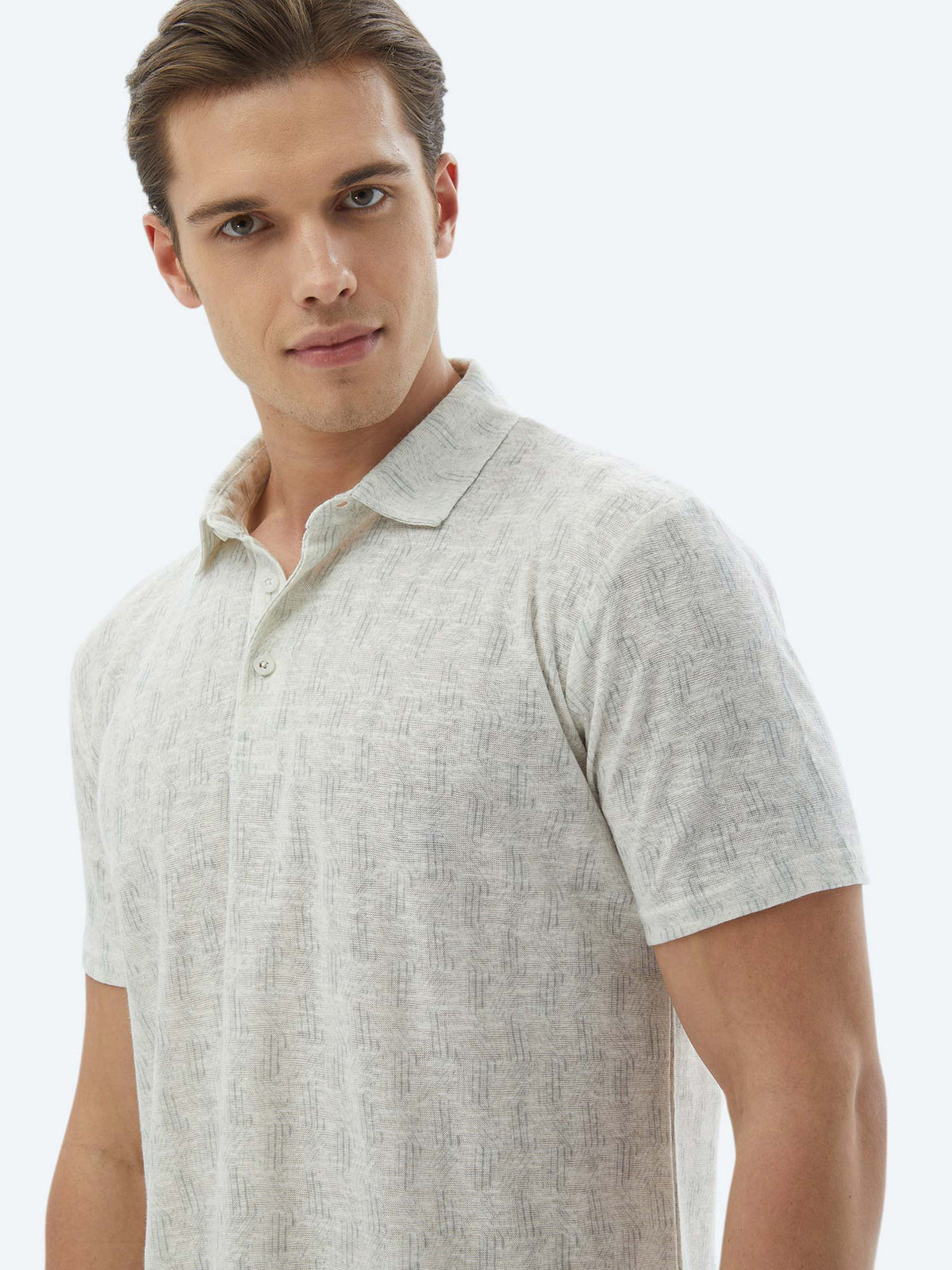 Ekru Baskılı Polo Yaka Pamuk Karışımlı T-Shirt