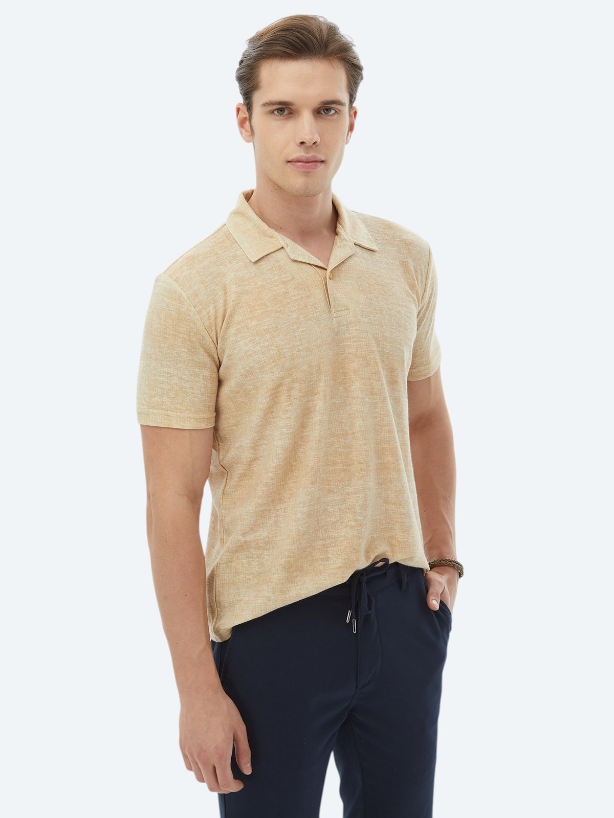 Safran Baskılı Küba Yaka Pamuk Karışımlı T-Shirt