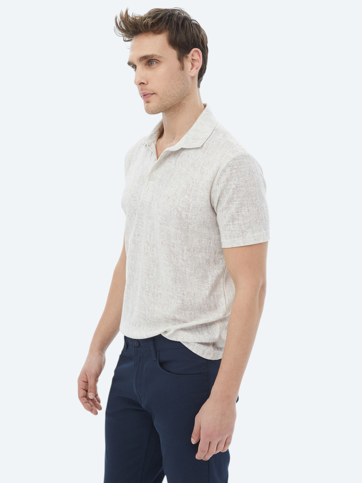 Bej Baskılı Polo Yaka Pamuk Karışımlı T-Shirt