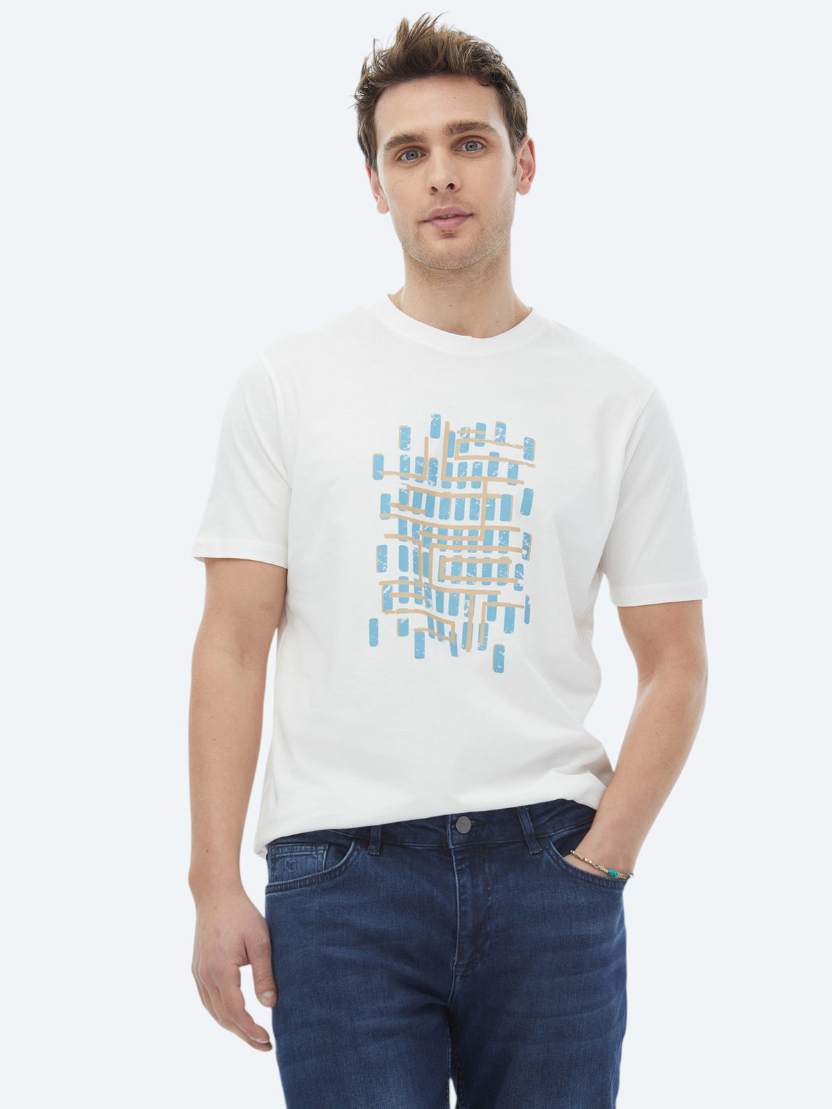 Turkuaz Baskılı Bisiklet Yaka %100 Pamuk T-Shirt