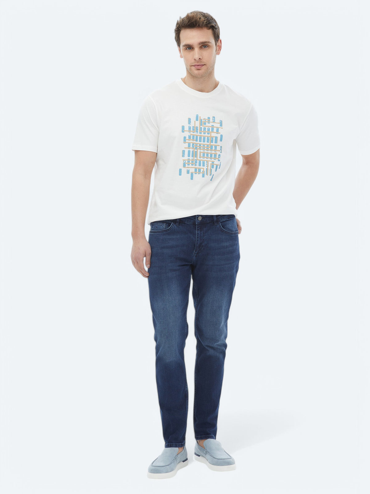 Turkuaz Baskılı Bisiklet Yaka %100 Pamuk T-Shirt