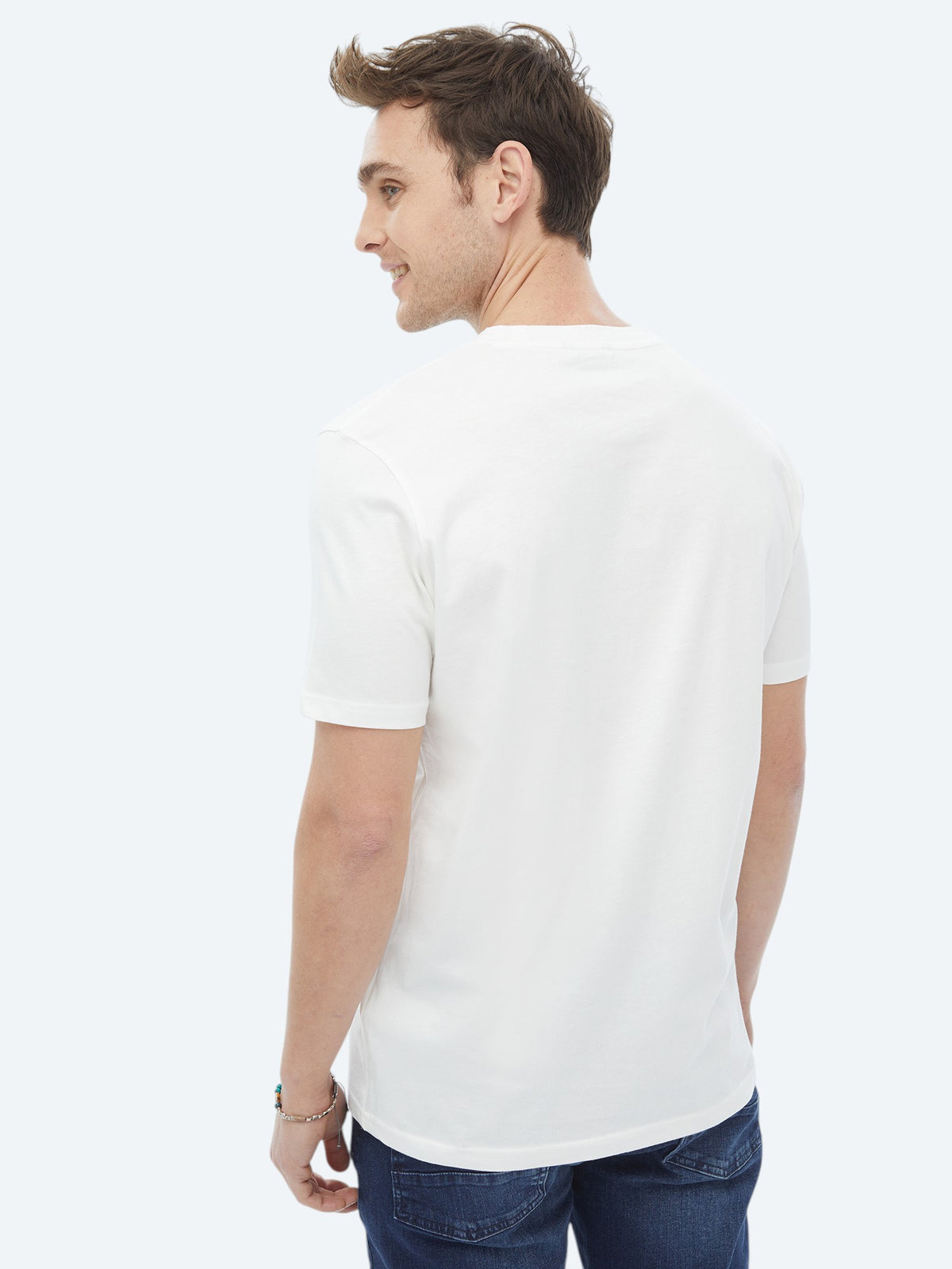 Turkuaz Baskılı Bisiklet Yaka %100 Pamuk T-Shirt