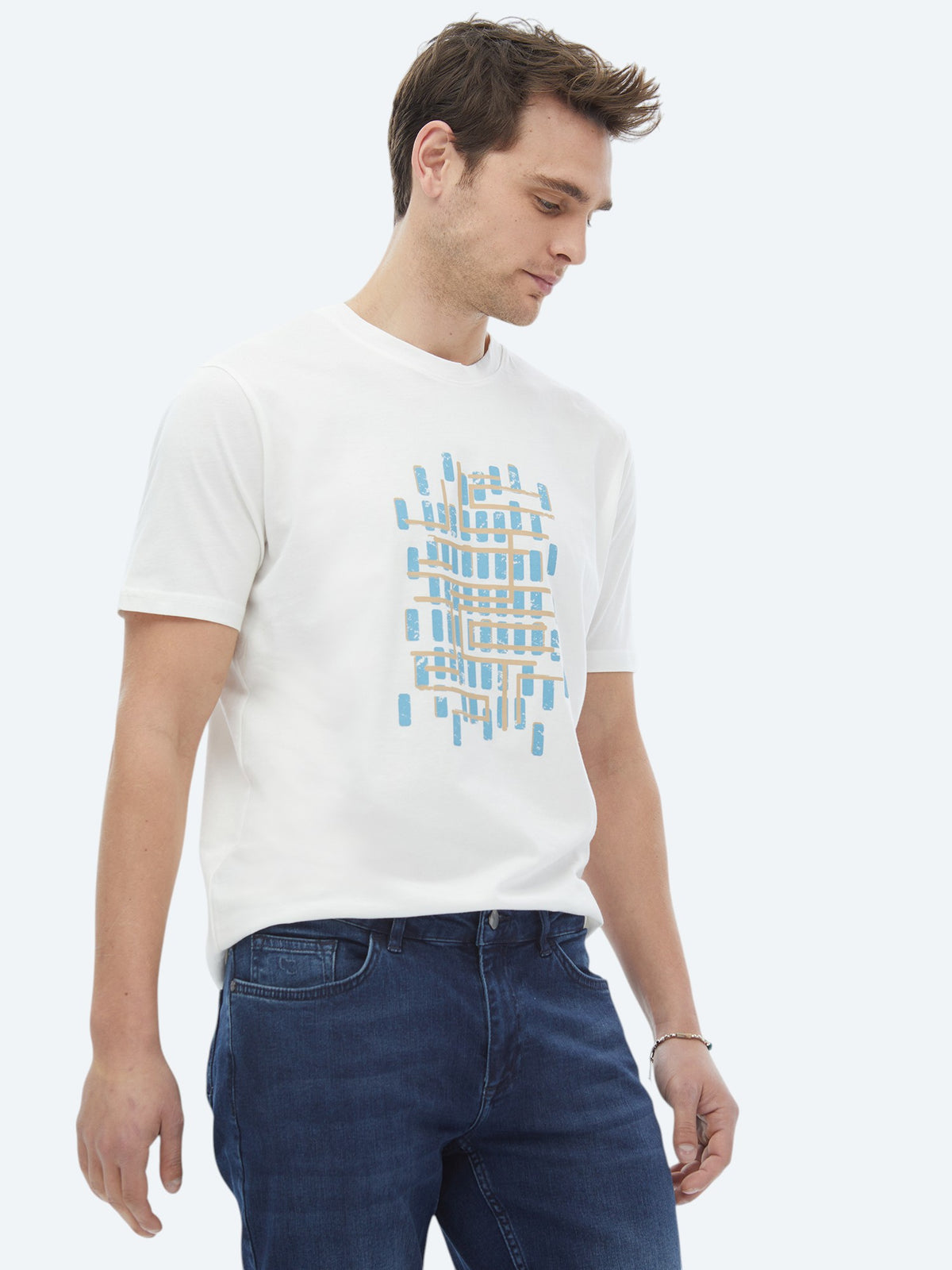 Turkuaz Baskılı Bisiklet Yaka %100 Pamuk T-Shirt