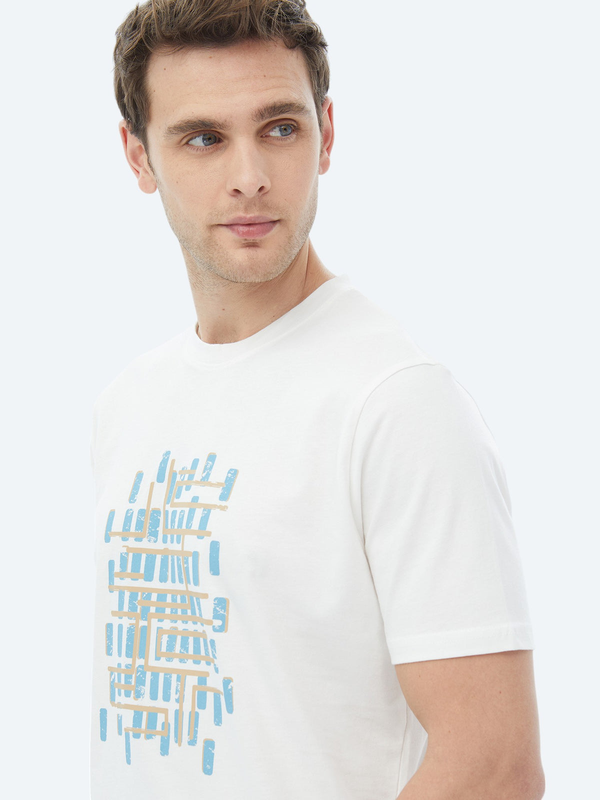 Turkuaz Baskılı Bisiklet Yaka %100 Pamuk T-Shirt