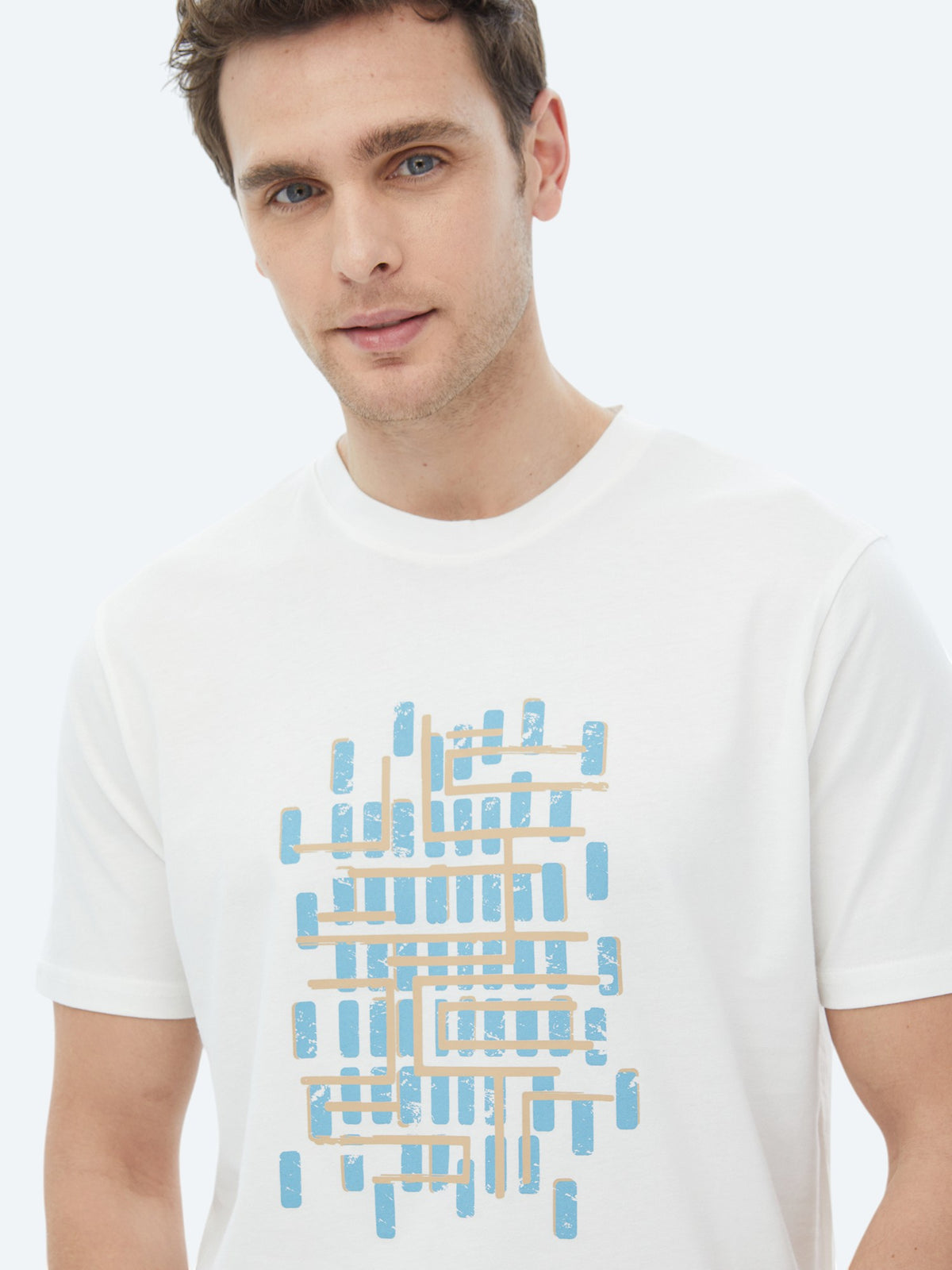 Turkuaz Baskılı Bisiklet Yaka %100 Pamuk T-Shirt