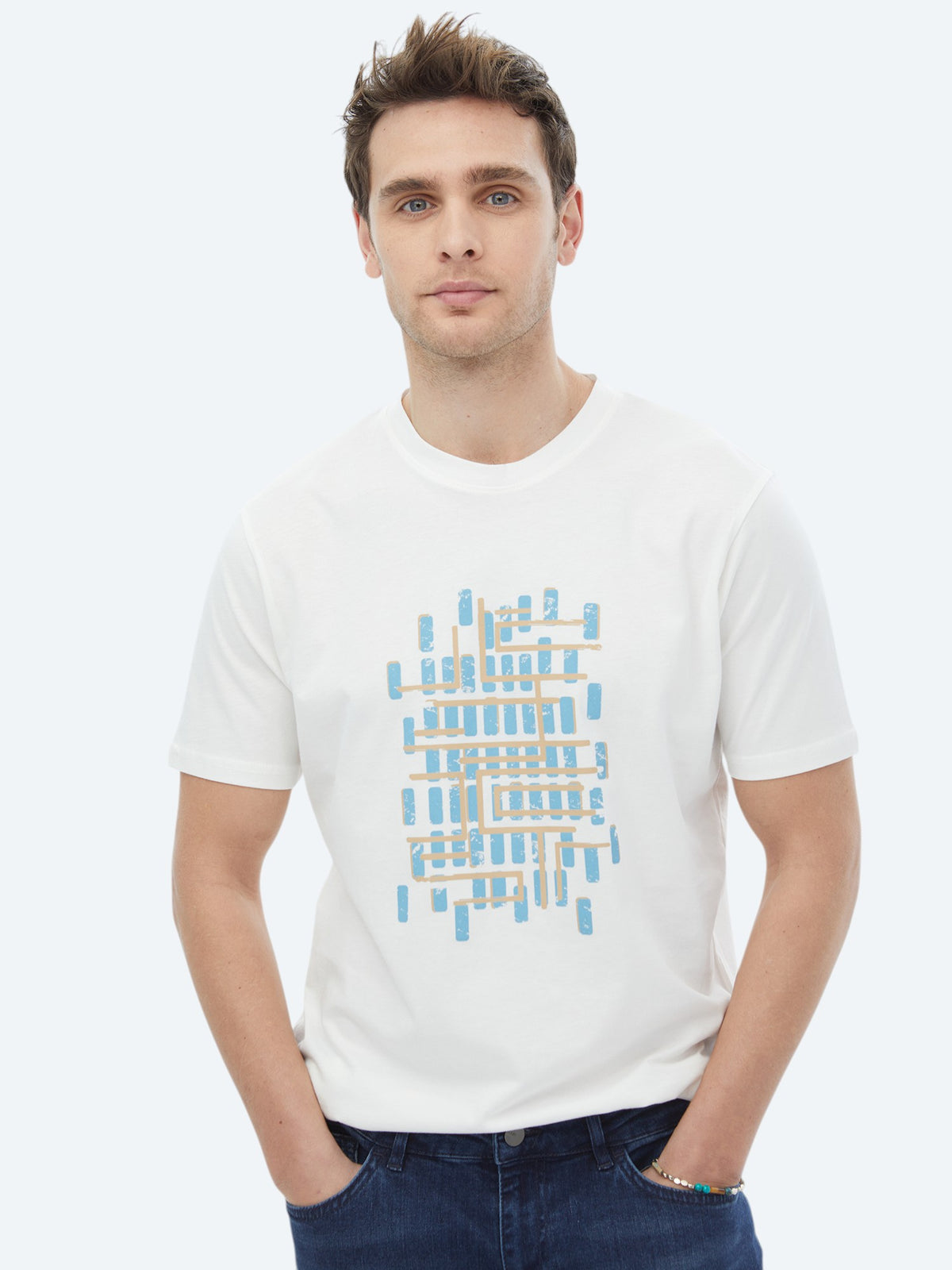 Turkuaz Baskılı Bisiklet Yaka %100 Pamuk T-Shirt