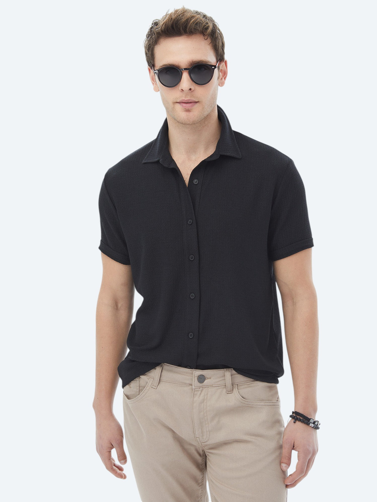Siyah Regular Fit Kısa Casual Gömlek
