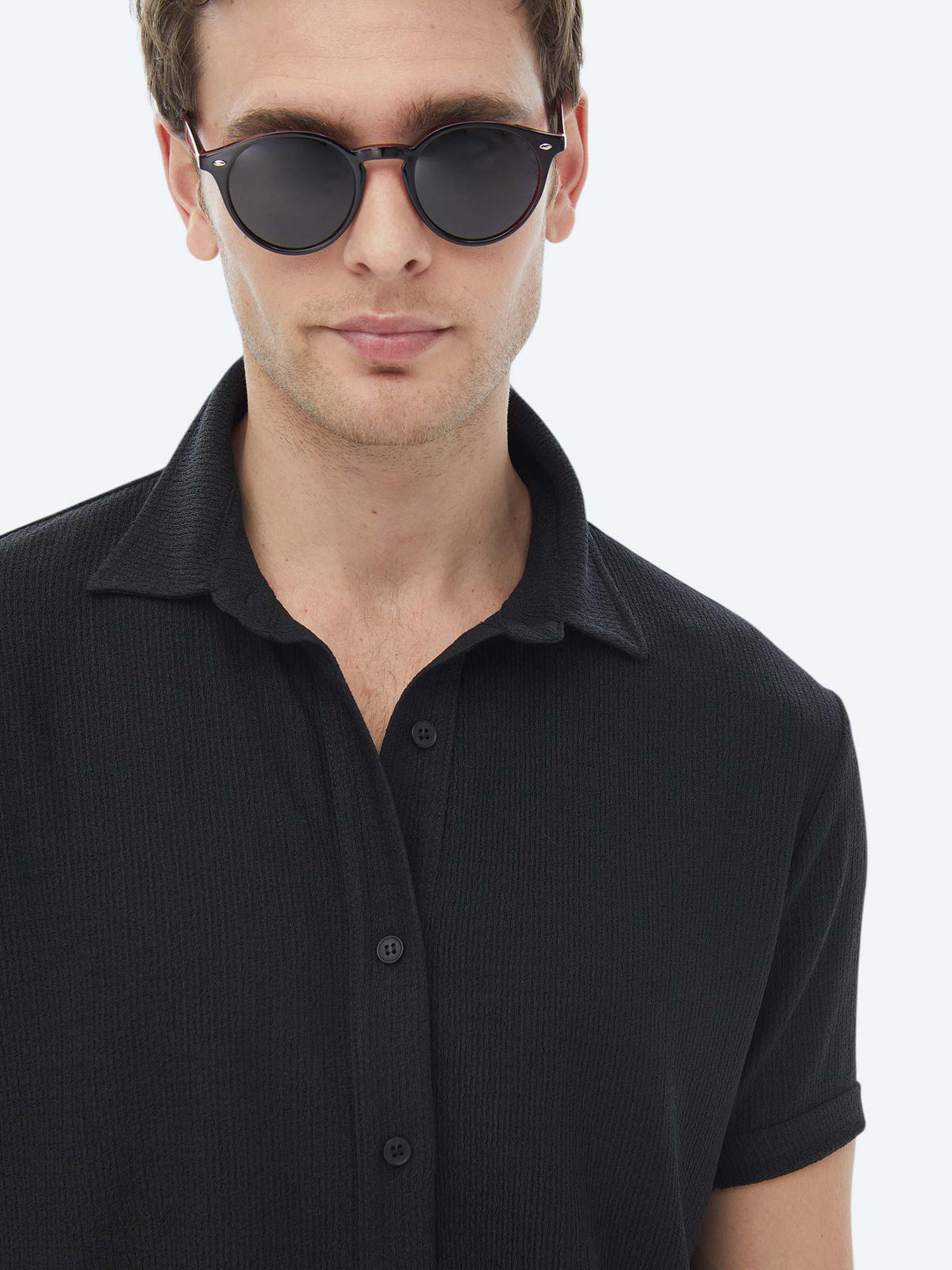 Siyah Regular Fit Kısa Casual Gömlek