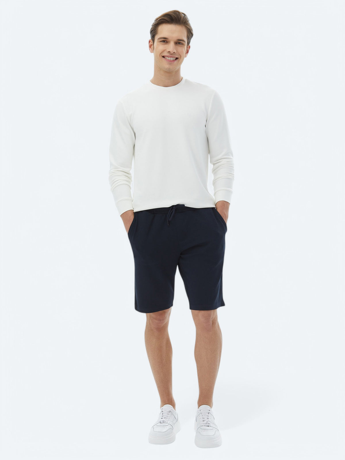 Lacivert Düz Örme Jogging Fit Casual Bermuda