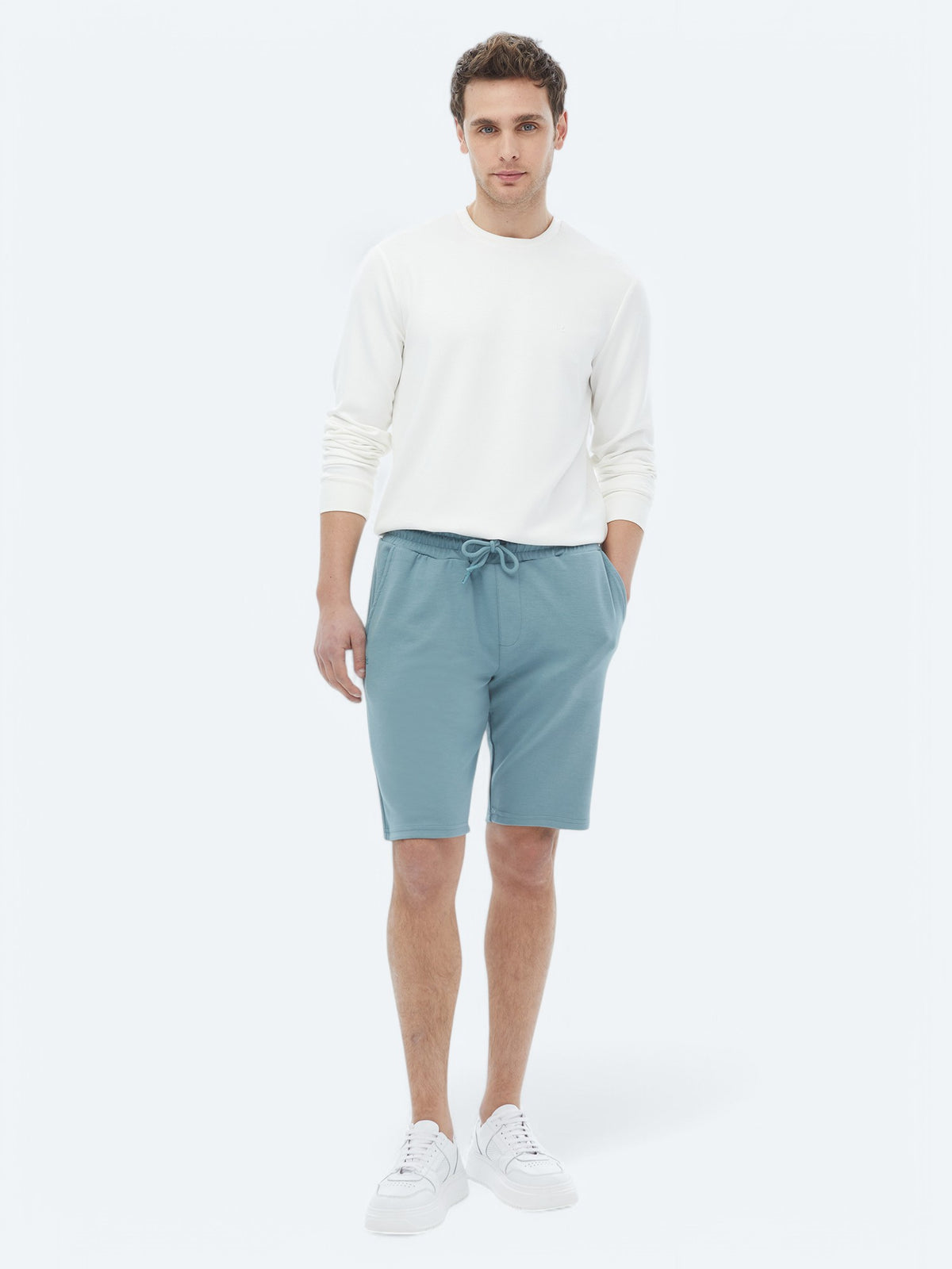 Mavi Düz Örme Jogging Fit Casual Bermuda