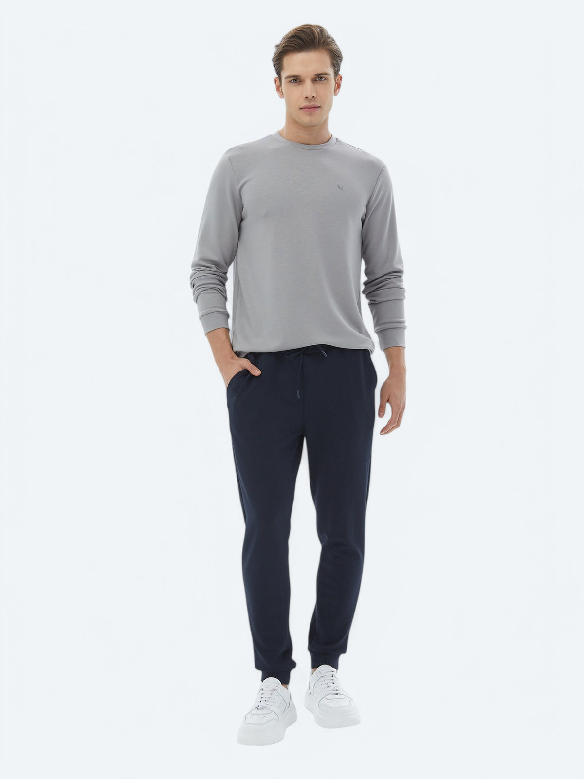 Gri Bisiklet Yaka Baskılı Sweatshirt