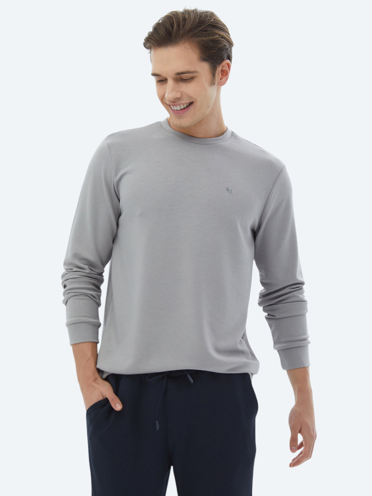 Gri Bisiklet Yaka Baskılı Sweatshirt