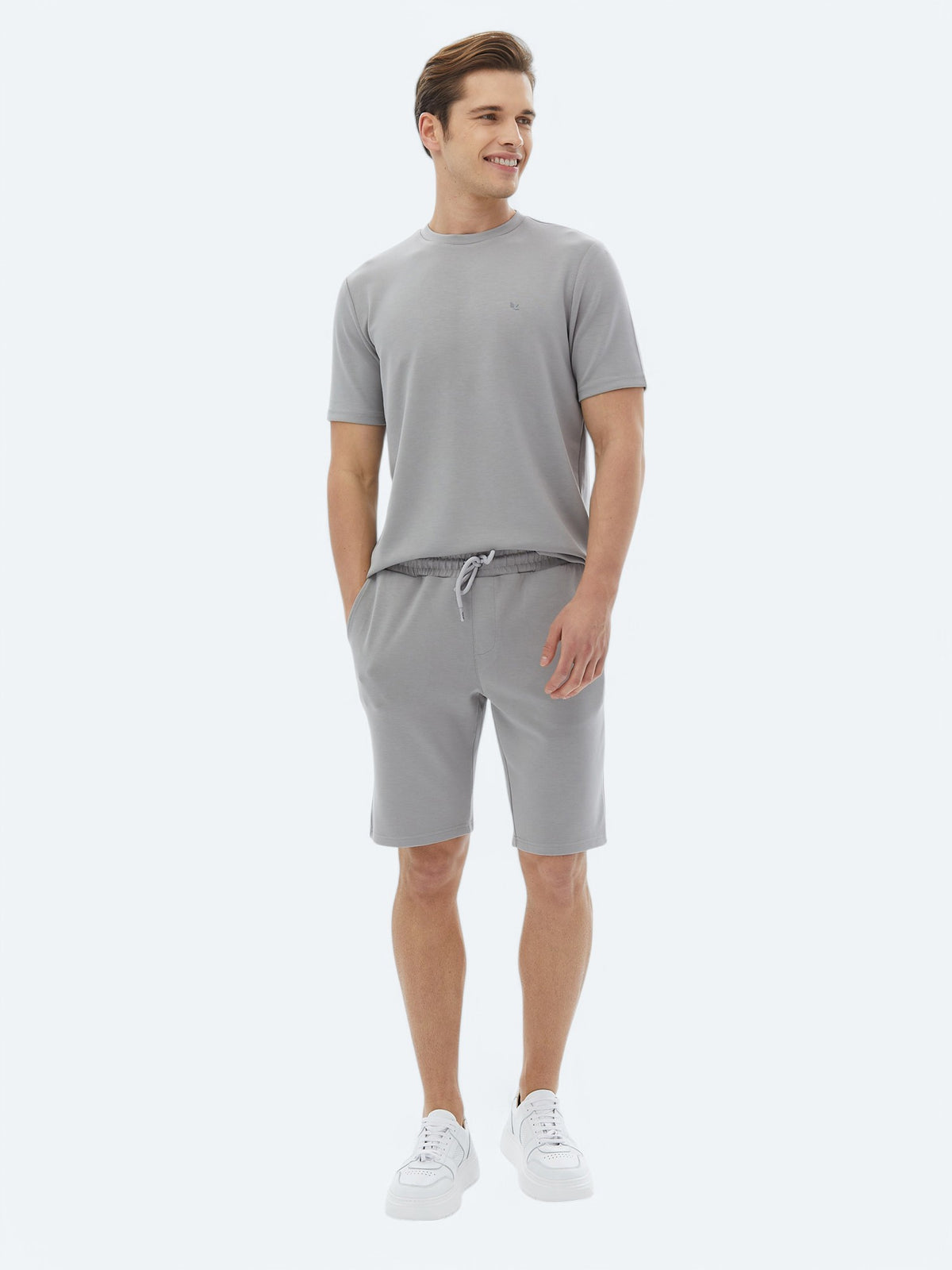 Gri Düz Bisiklet Yaka T-Shirt