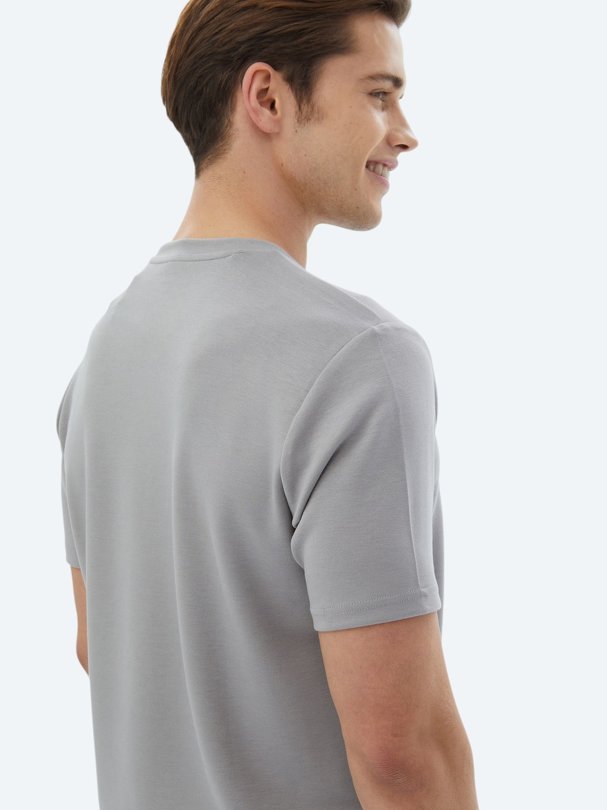Gri Düz Bisiklet Yaka T-Shirt