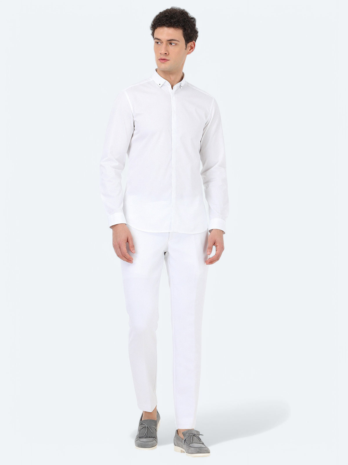 Beyaz Düz Slim Fit Uzun Dokuma Klasik %100 Pamuk Gömlek