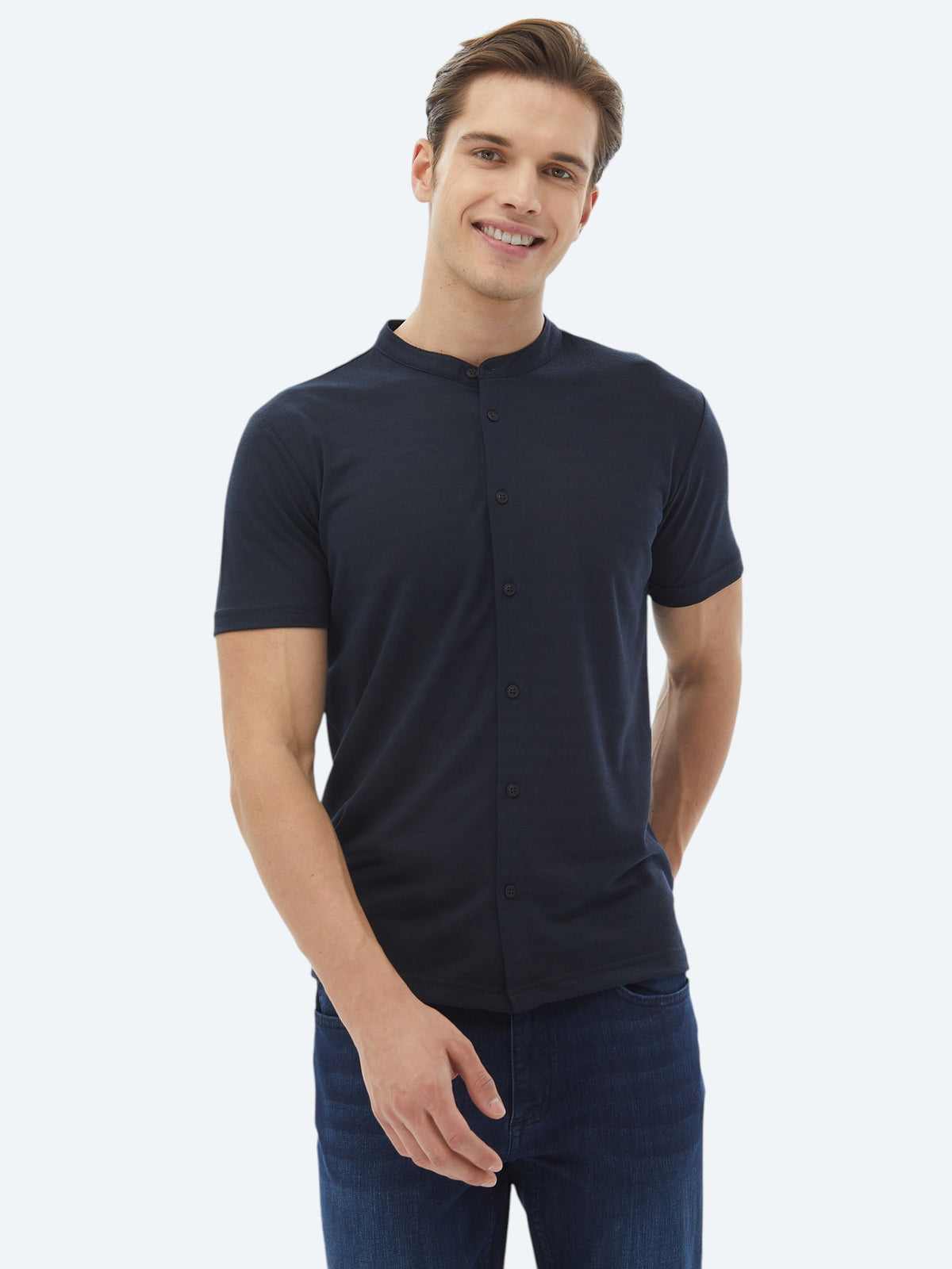 Lacivert Düz Regular Fit Kısa Casual Gömlek