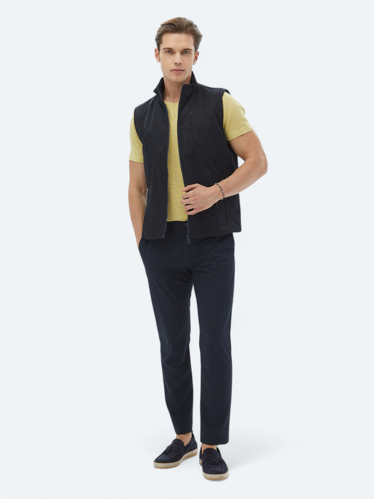 Lacivert Regular Fit Dik Yaka Casual Dokuma Spor Yelek