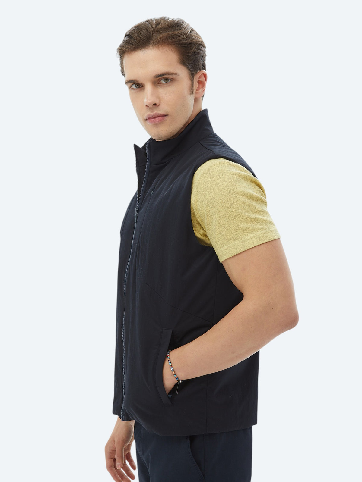 Lacivert Regular Fit Dik Yaka Casual Dokuma Spor Yelek