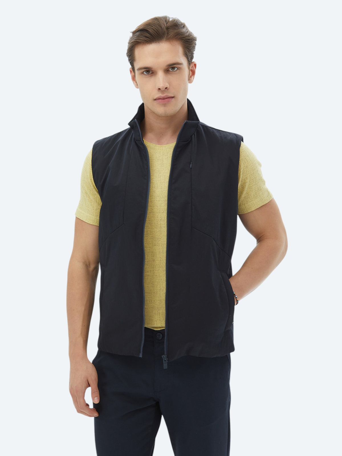 Lacivert Regular Fit Dik Yaka Casual Dokuma Spor Yelek