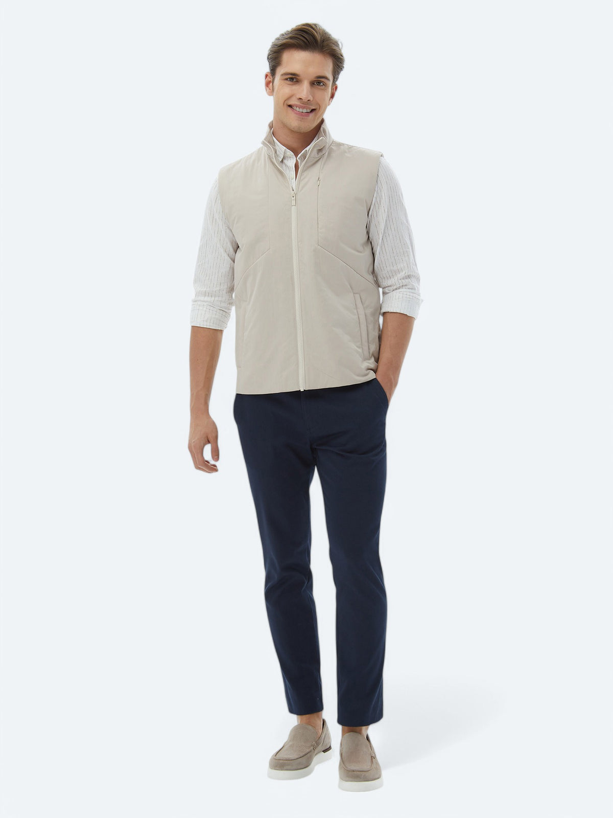 Ekru Regular Fit Dik Yaka Casual Dokuma Spor Yelek
