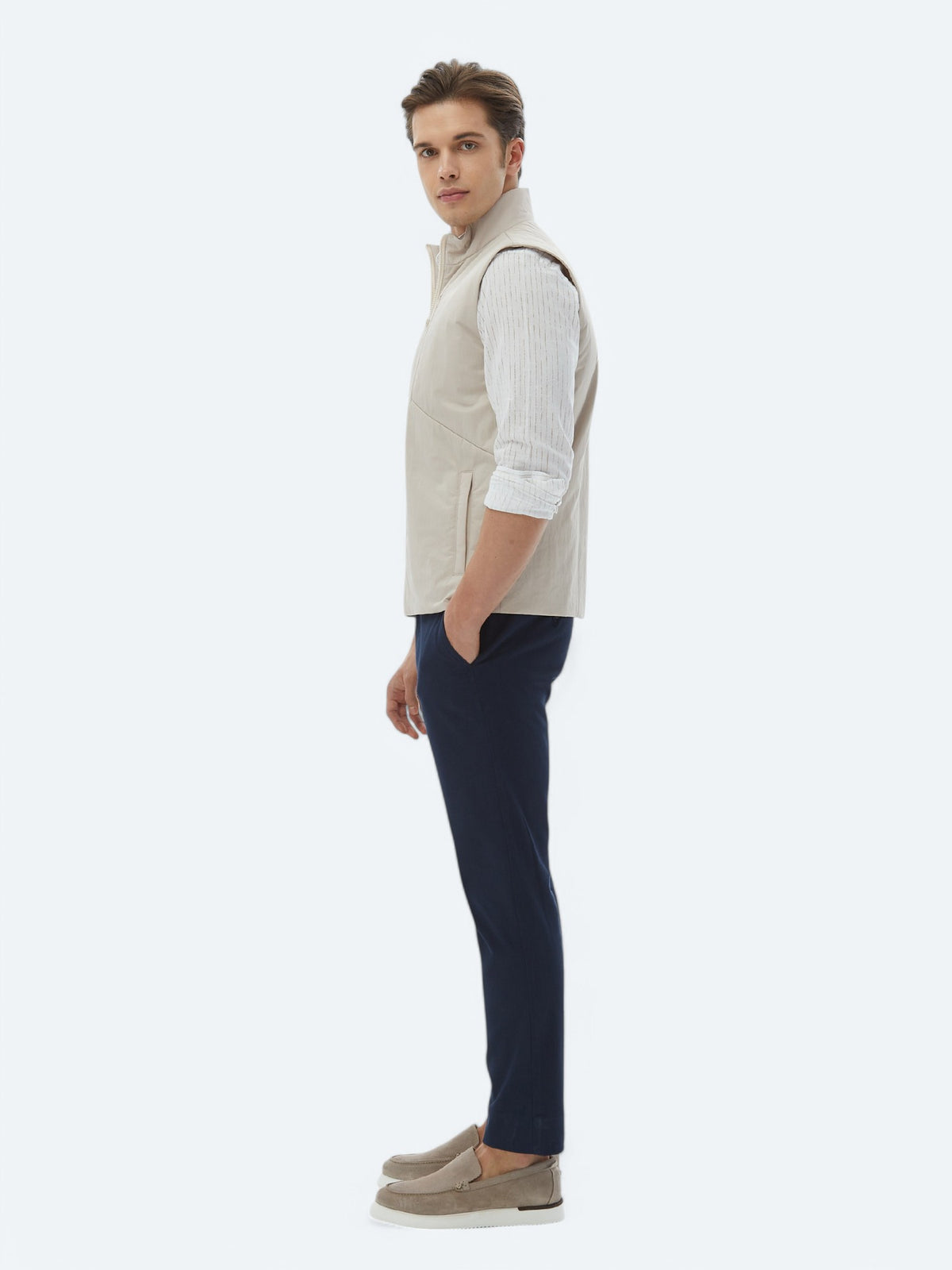Ekru Regular Fit Dik Yaka Casual Dokuma Spor Yelek