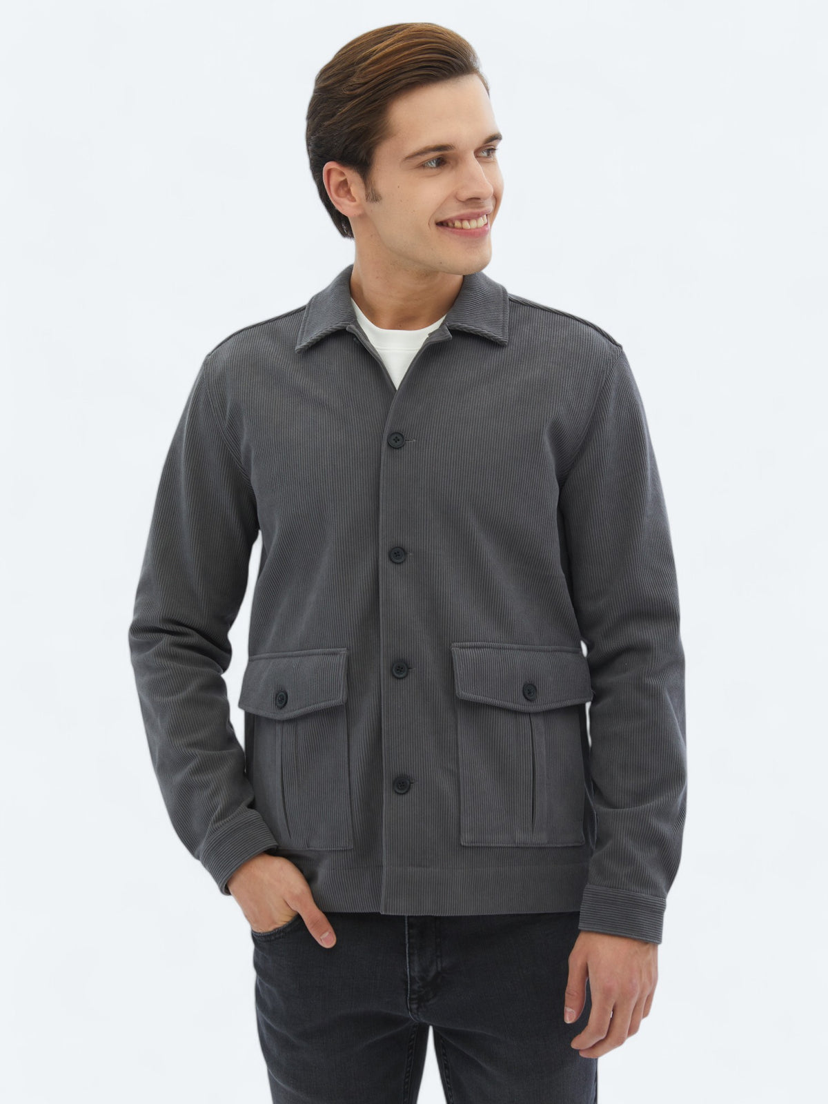 Gri Fitilli Regular Fit Dokuma Kadife Overshirt