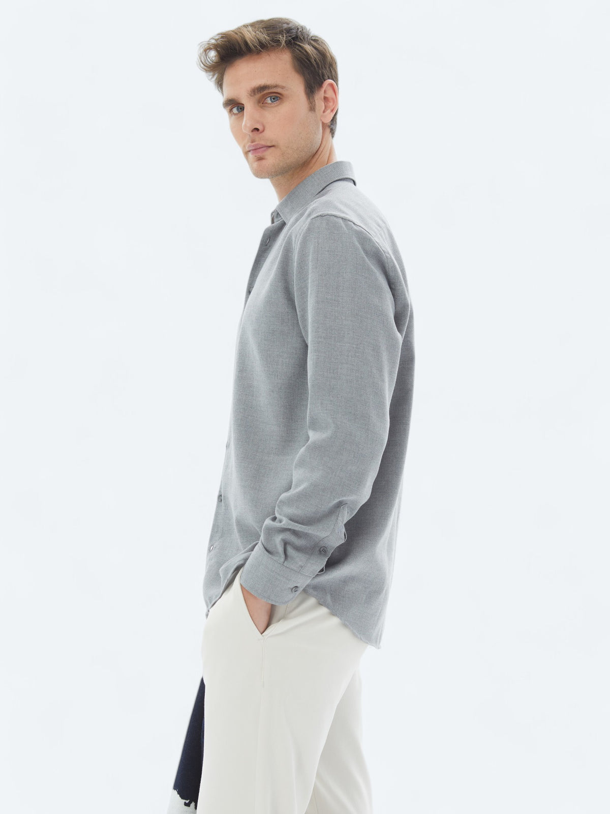 Gri Düz Regular Fit Uzun Dokuma Casual Pamuk Karışımlı Gömlek