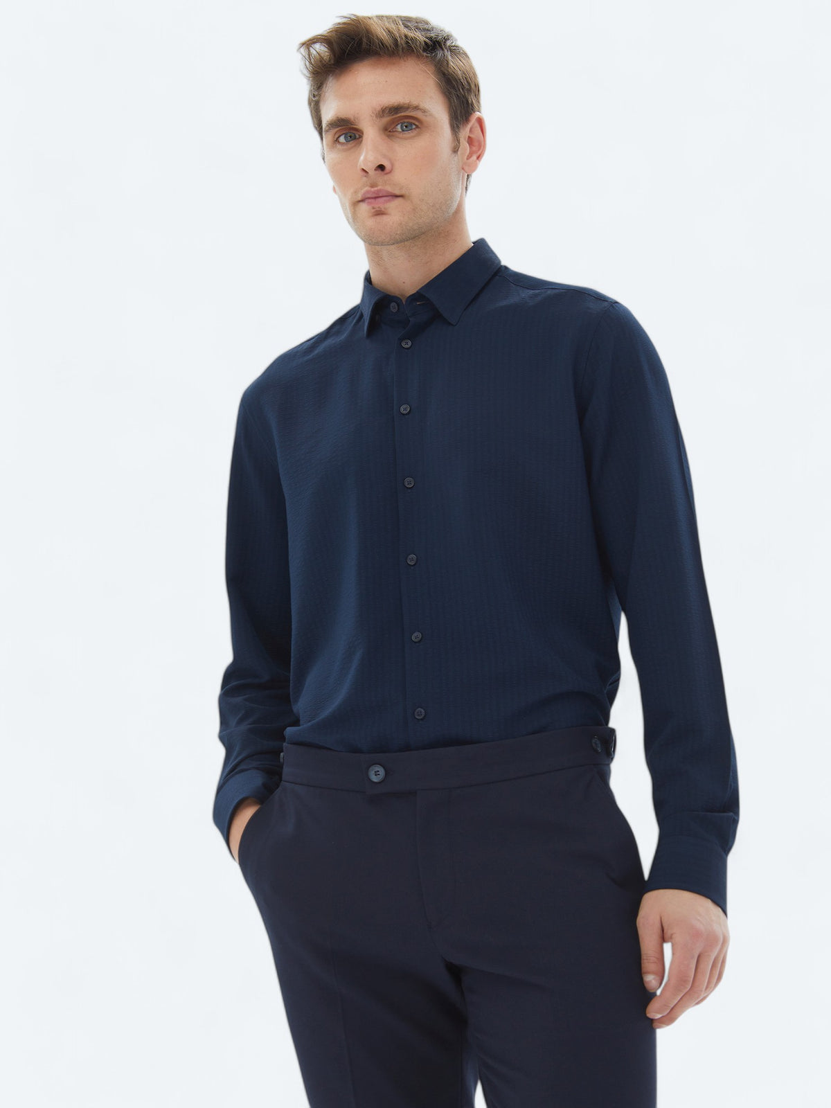 Lacivert Regular Fit Uzun Dokuma Casual Gömlek
