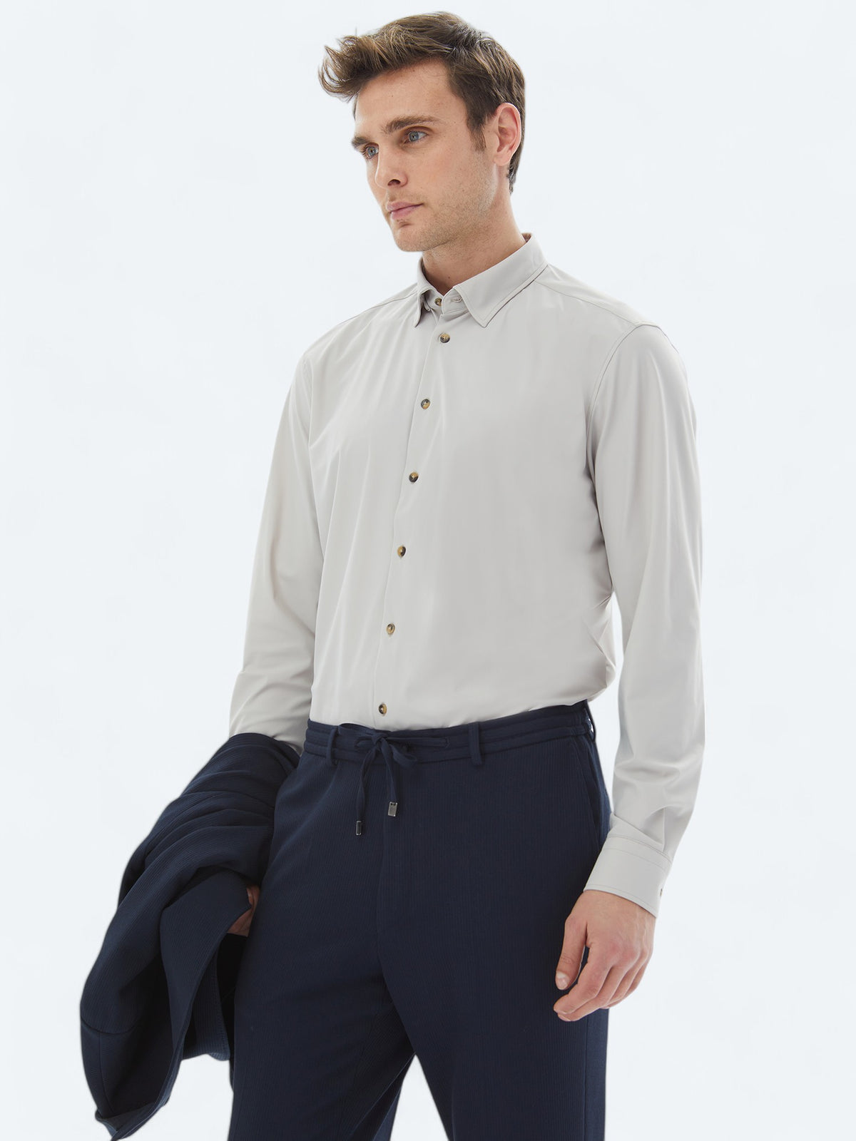 Ekru Düz Regular Fit Uzun Casual Gömlek