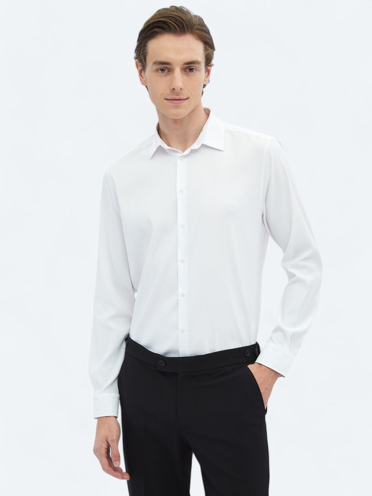 Beyaz Düz Regular Fit Uzun Dokuma Casual Gömlek