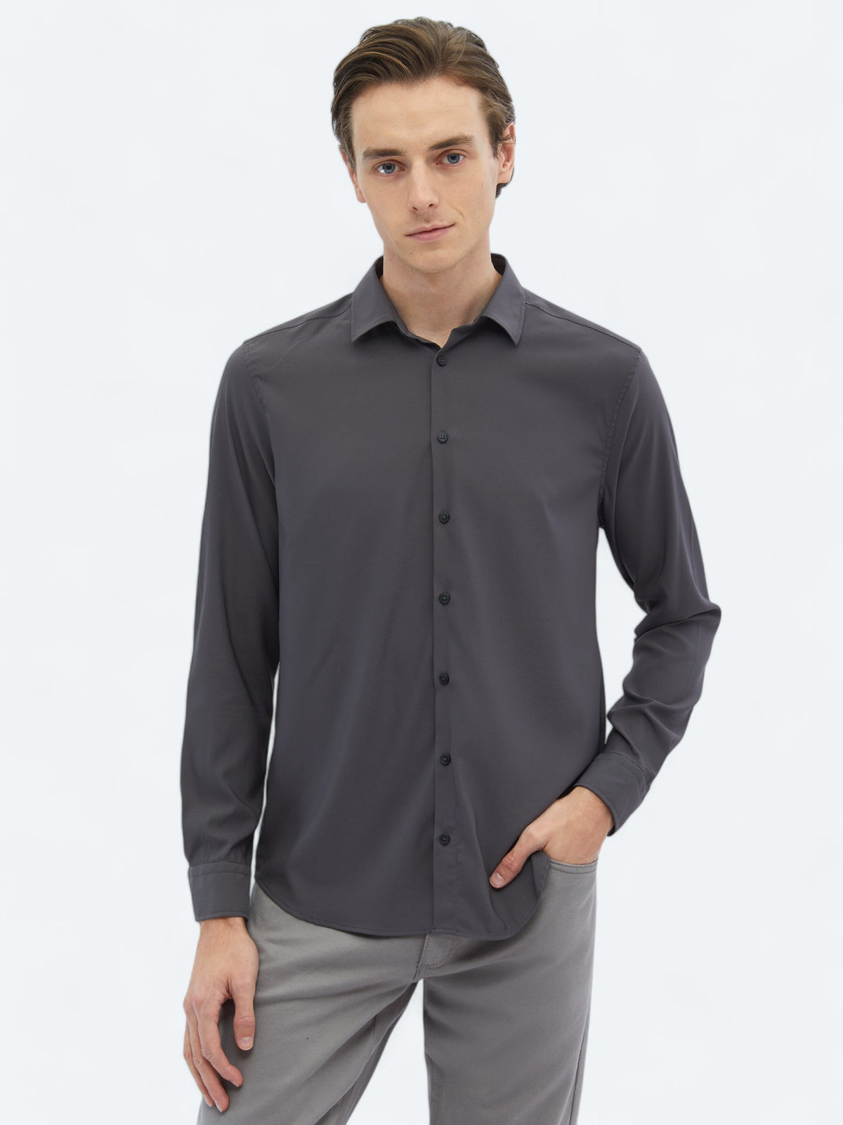 Antrasit Düz Regular Fit Uzun Dokuma Casual Gömlek
