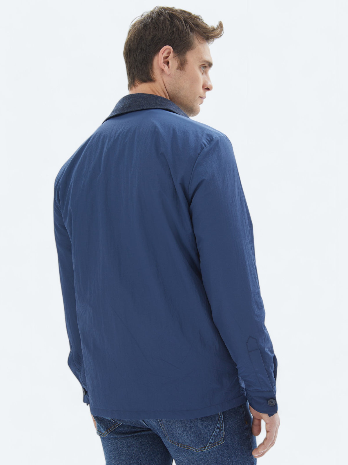 Lacivert Regular Fit Gömlek Yaka Casual Dokuma Mont