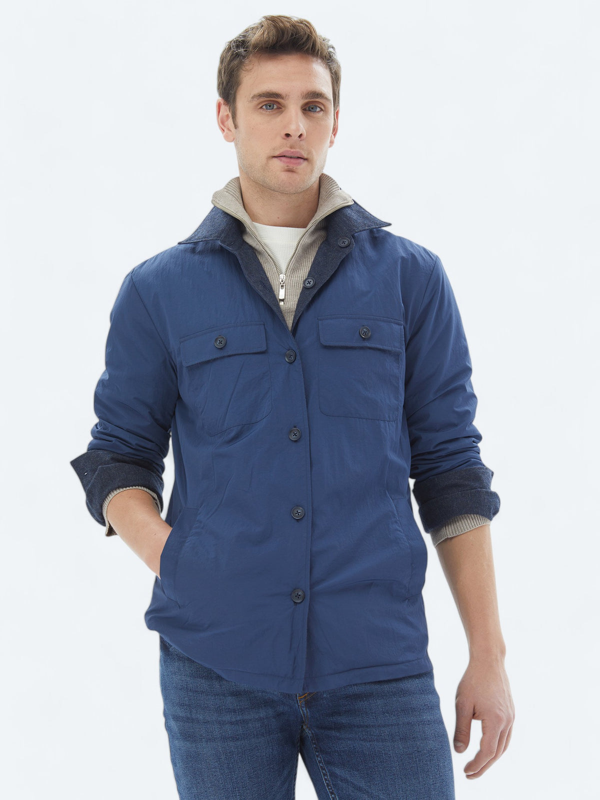 Lacivert Regular Fit Gömlek Yaka Casual Dokuma Mont