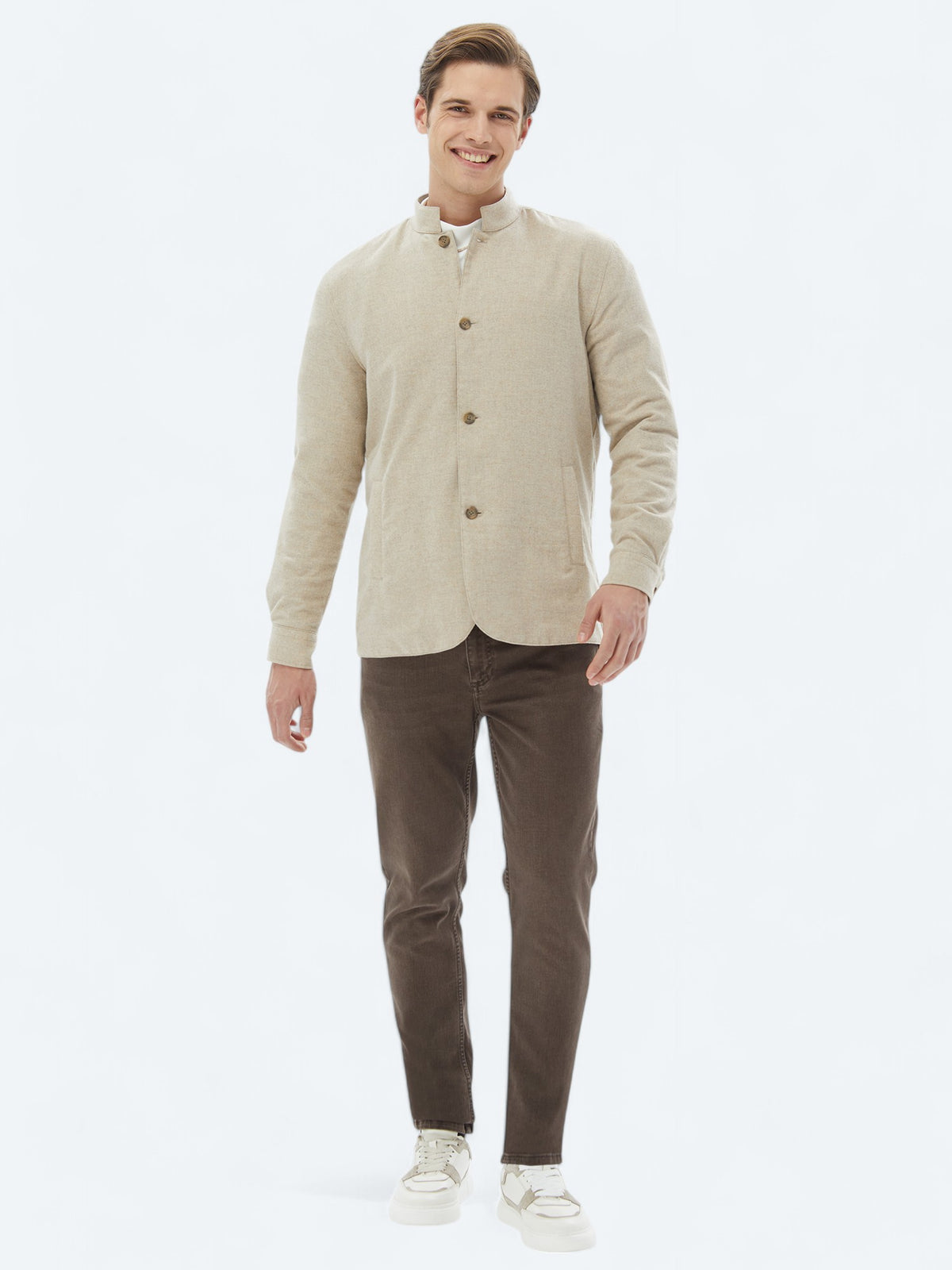 Bej Regular Fit Dik Yaka Casual Dokuma Mont