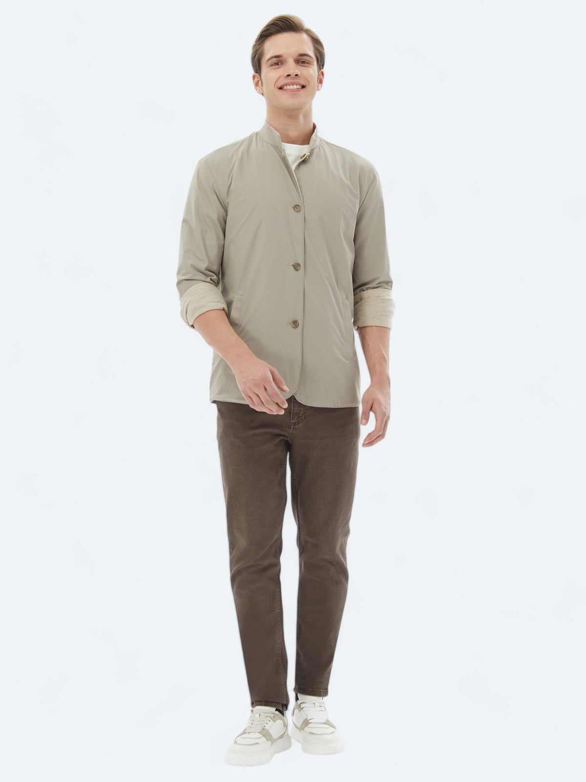 Bej Regular Fit Dik Yaka Casual Dokuma Mont