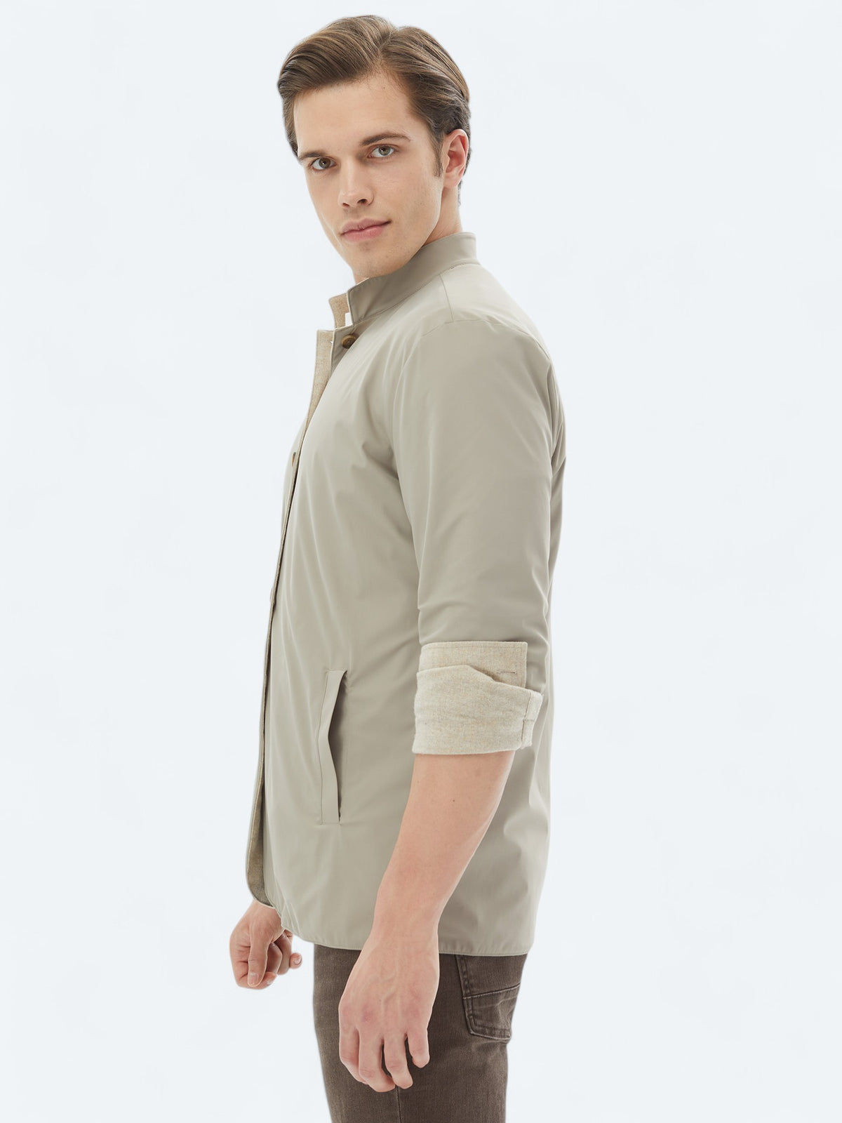 Bej Regular Fit Dik Yaka Casual Dokuma Mont